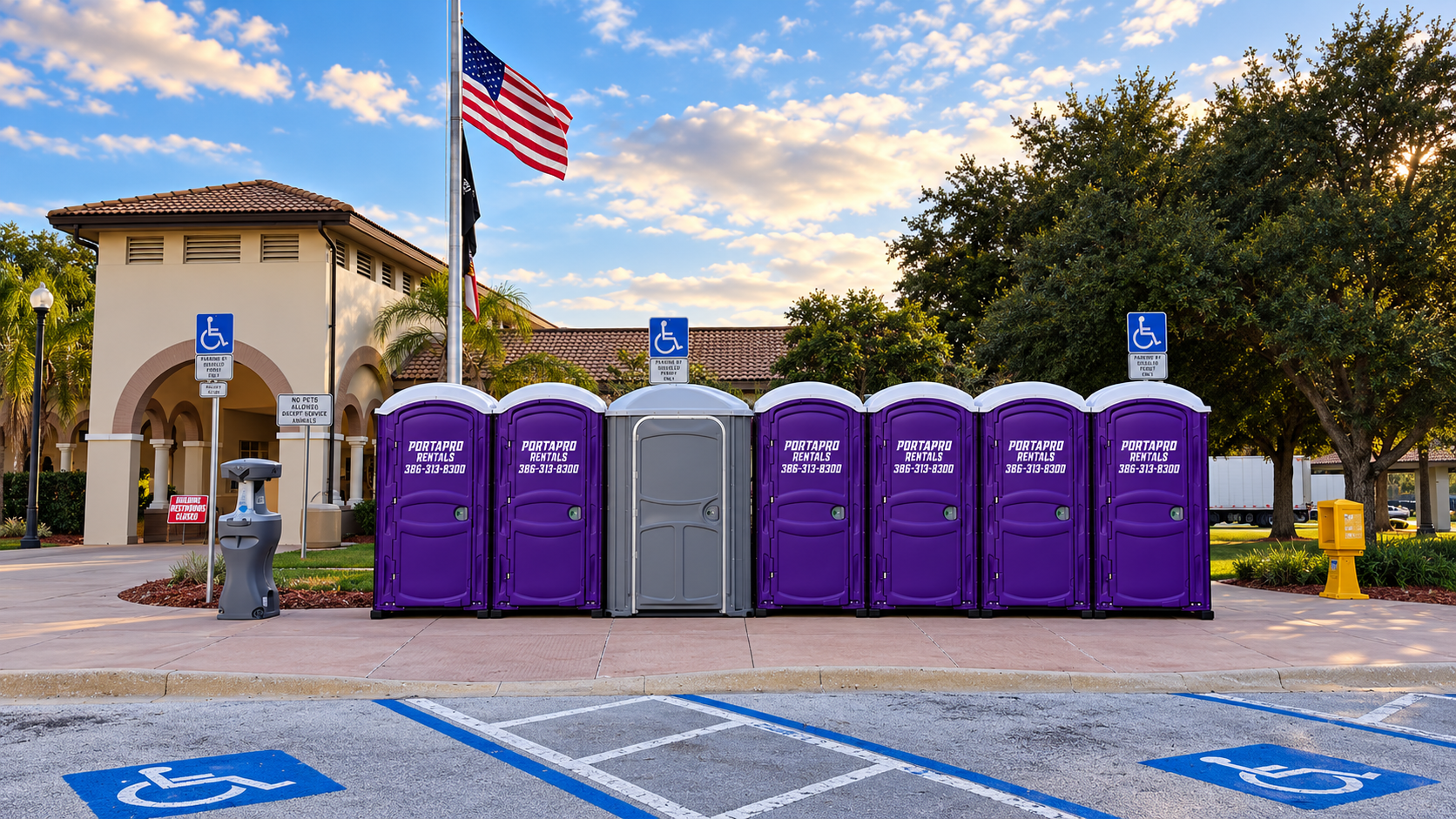 PortaPro standard, ADA, and handwashing units staged at a St. Augustine rest area