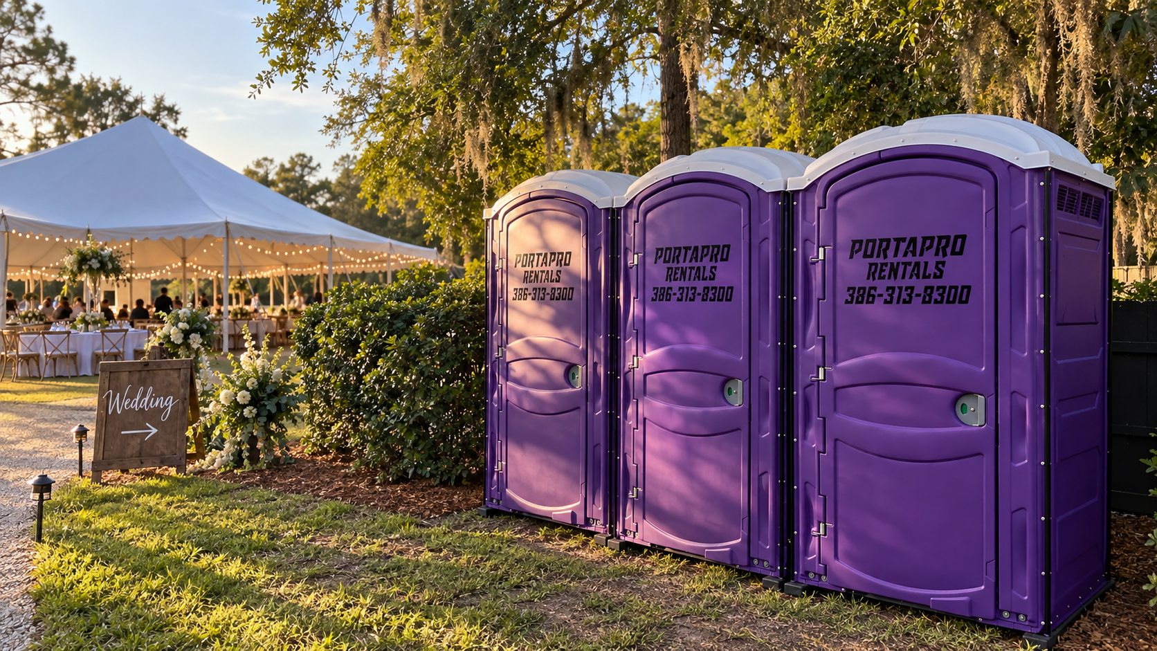 PortaPro branded porta potty units at an outdoor wedding venue beside a reception tent