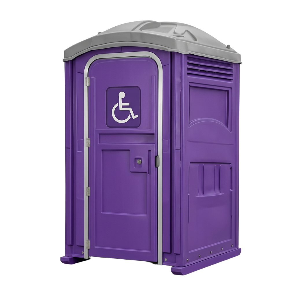 Purple ADA compliant wheelchair accessible portable toilet